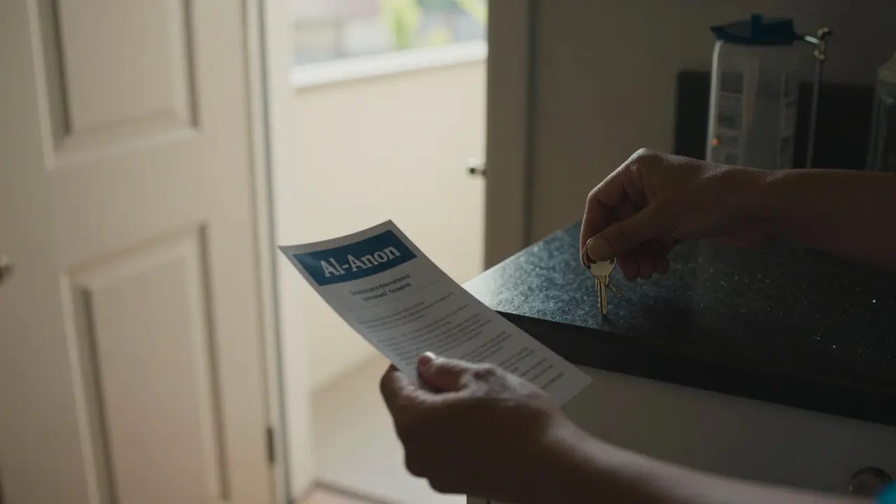 Ruce klade klíč na kuchyňský stůl vedle otevřených dveří, které vede do světla — tiše, ale jistě, rozhodnutí odejít.