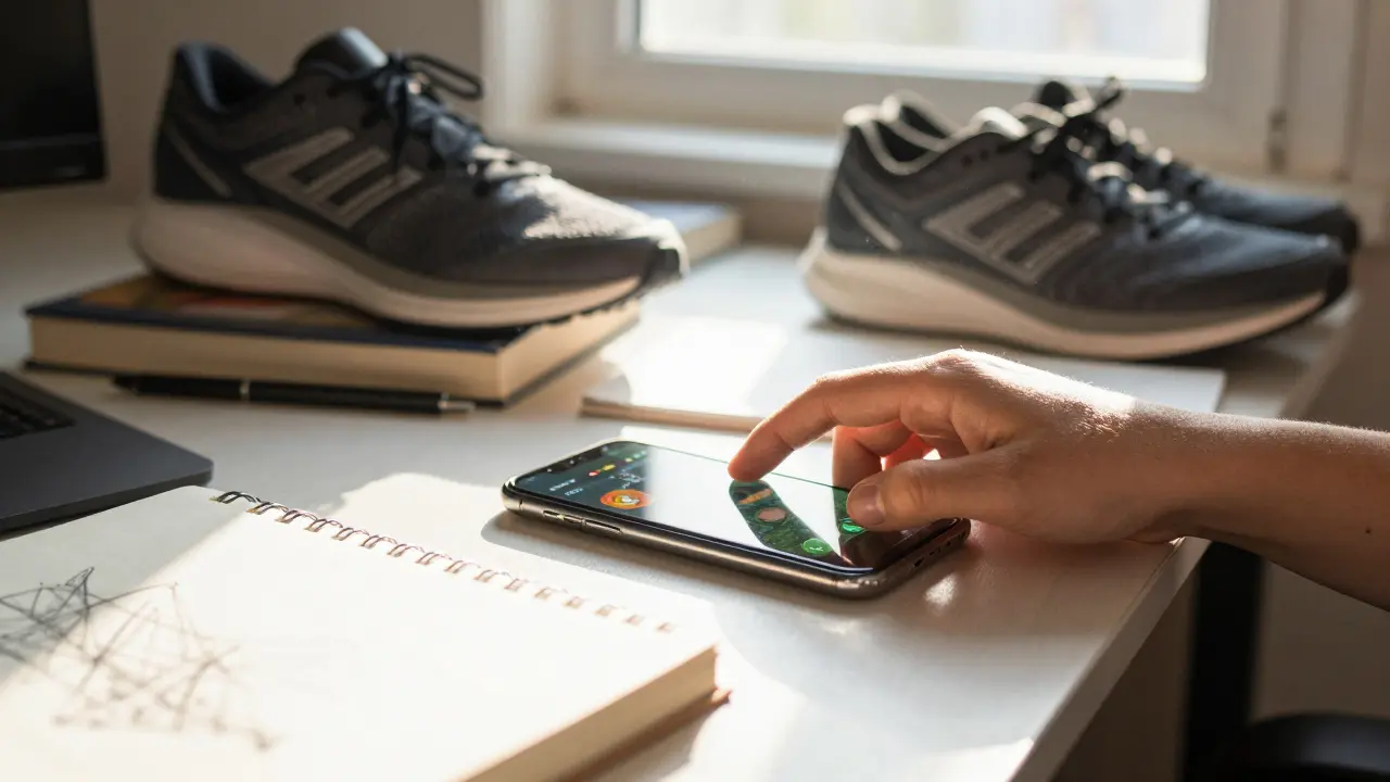 Ruka odstraňuje telefon od knihy a kreslicího bloku při ranním světle.