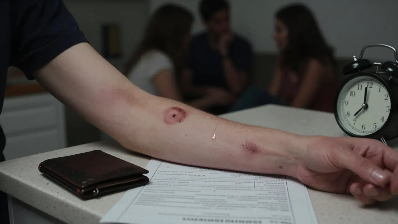 Ruka s modřinami a stopy po injekci leží na stole vedle nezaplacených účtů a zastaveného budíku.