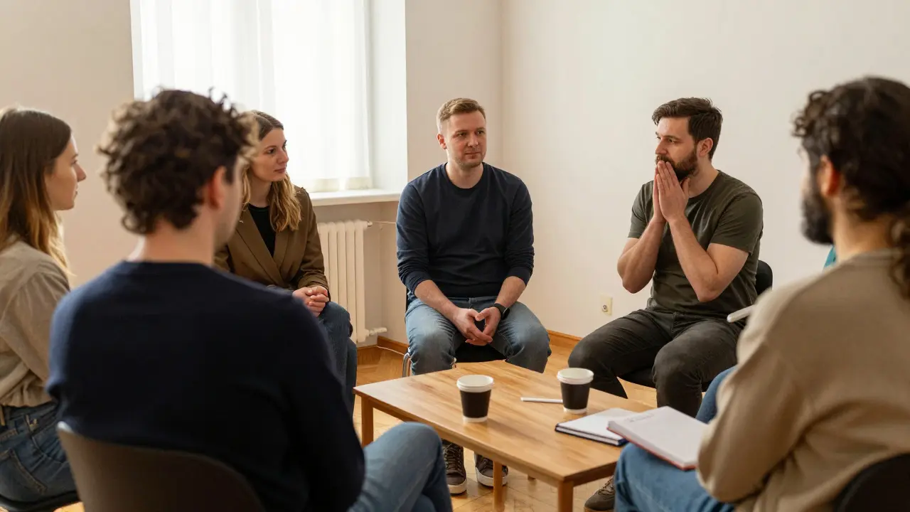 Skupina lidí se schází v kruhu v klidné místnosti, sdílí zkušenosti s podporou a empatií bez slov.