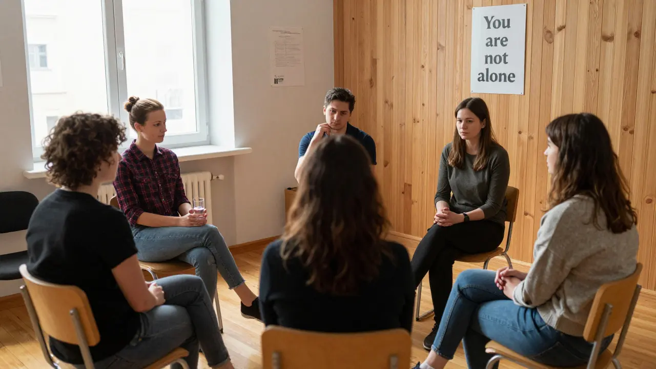 Skupina lidí sedí v kruhu v komunitním centru, jeden drží sklenici vody, ostatní naslouchají v klidné, podporující atmosféře.