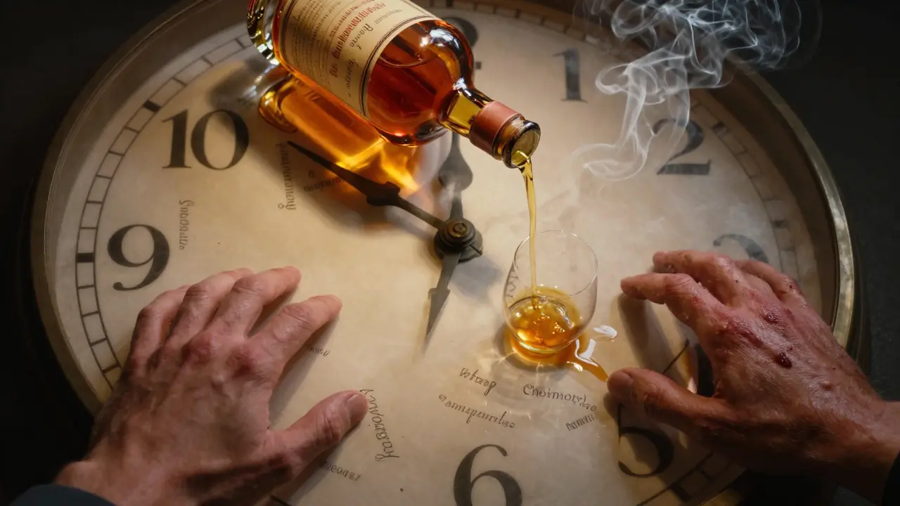 Tající hodiny tvaru lahve s rozplynulými vzpomínkami, symbolizující ztrátu paměti.
