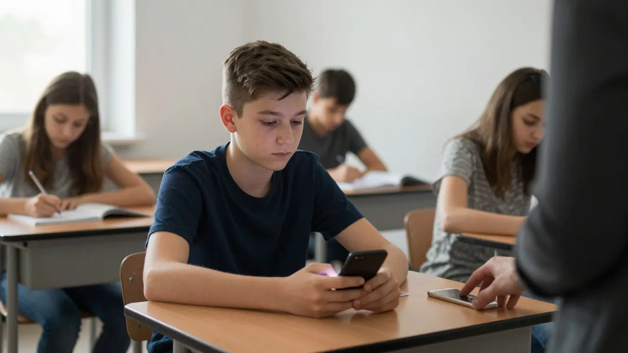 Teenager secretly scrolling phone under desk in classroom while others talk.