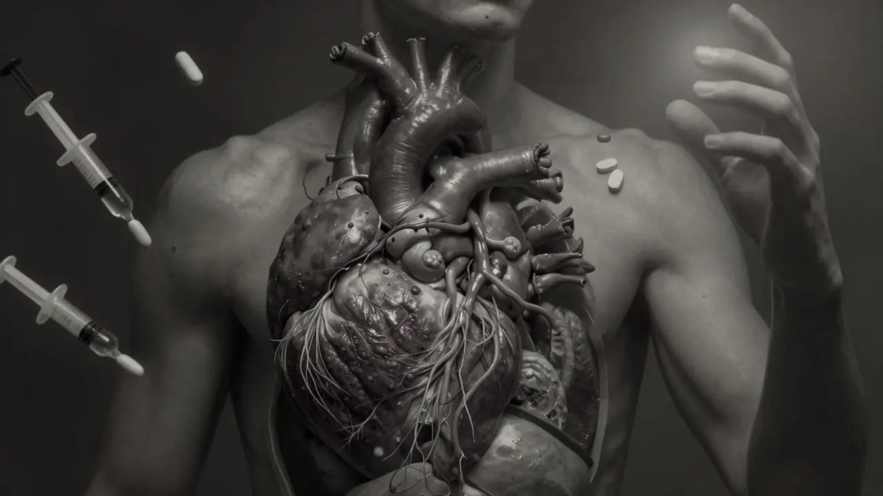 Tělo s poškozenými orgány a stíny drog, symbolizující fyzický rozpad závislosti.