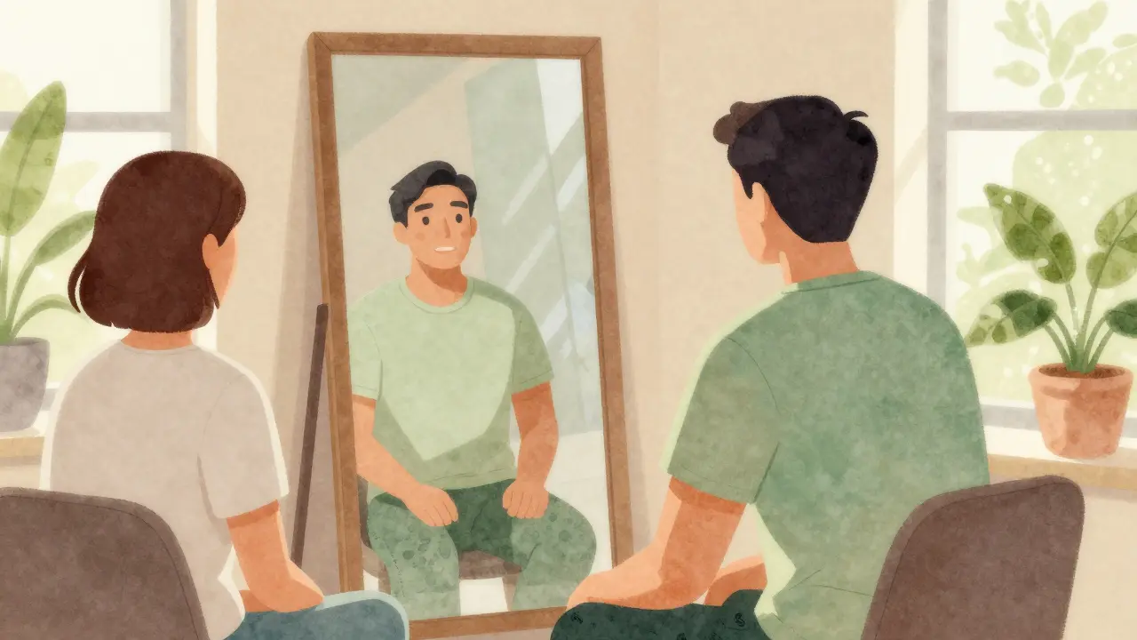 Terapeutická seance s odrazem v zrcadle představujícím transformaci a uzdravení