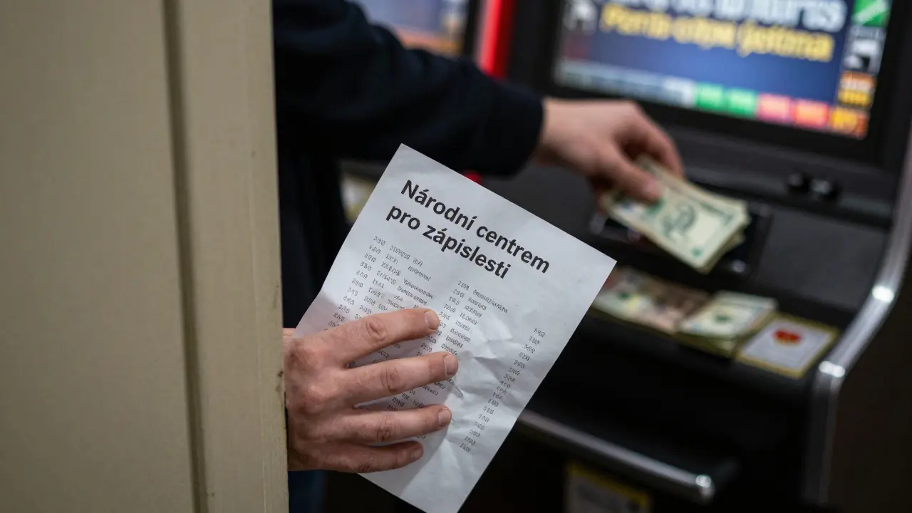 Třesoucí se ruka drží kus papíru s telefonním číslem pro pomoc, zatímco jiná ruka vyhazuje peníze do hračky.