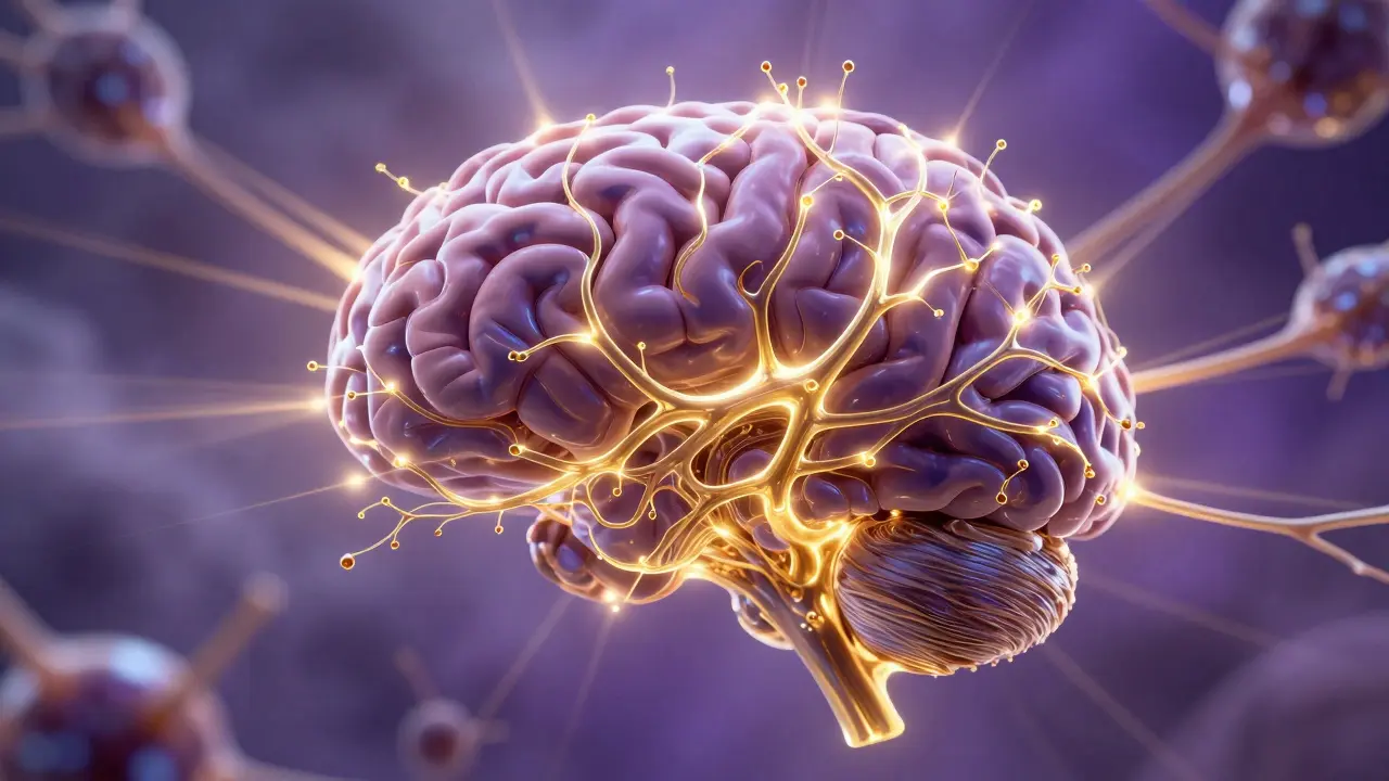 Umělecká vizualizace dopaminových cest v mozku pod vlivem.