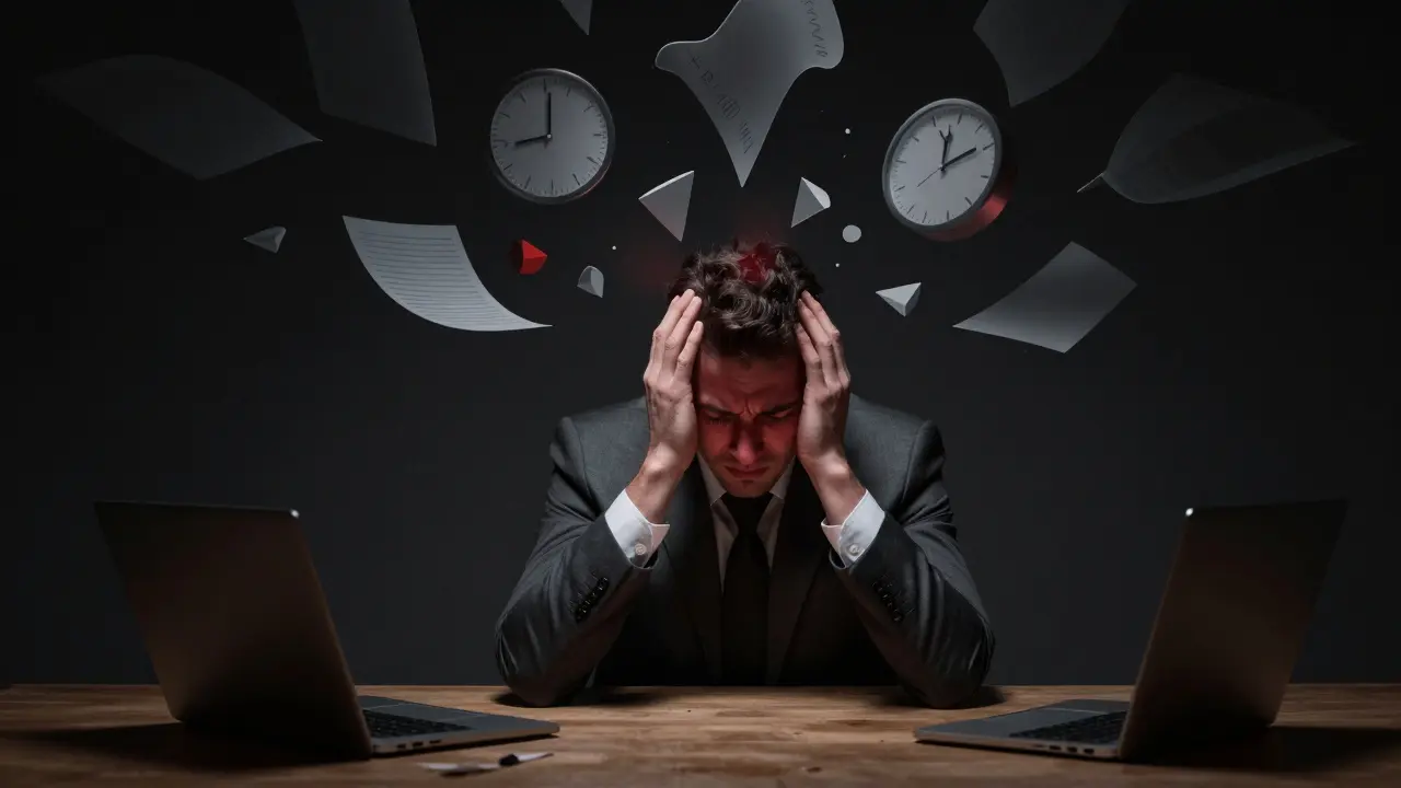 Vyčerpaný pracovník cítící fyzické následky chronického stresu.