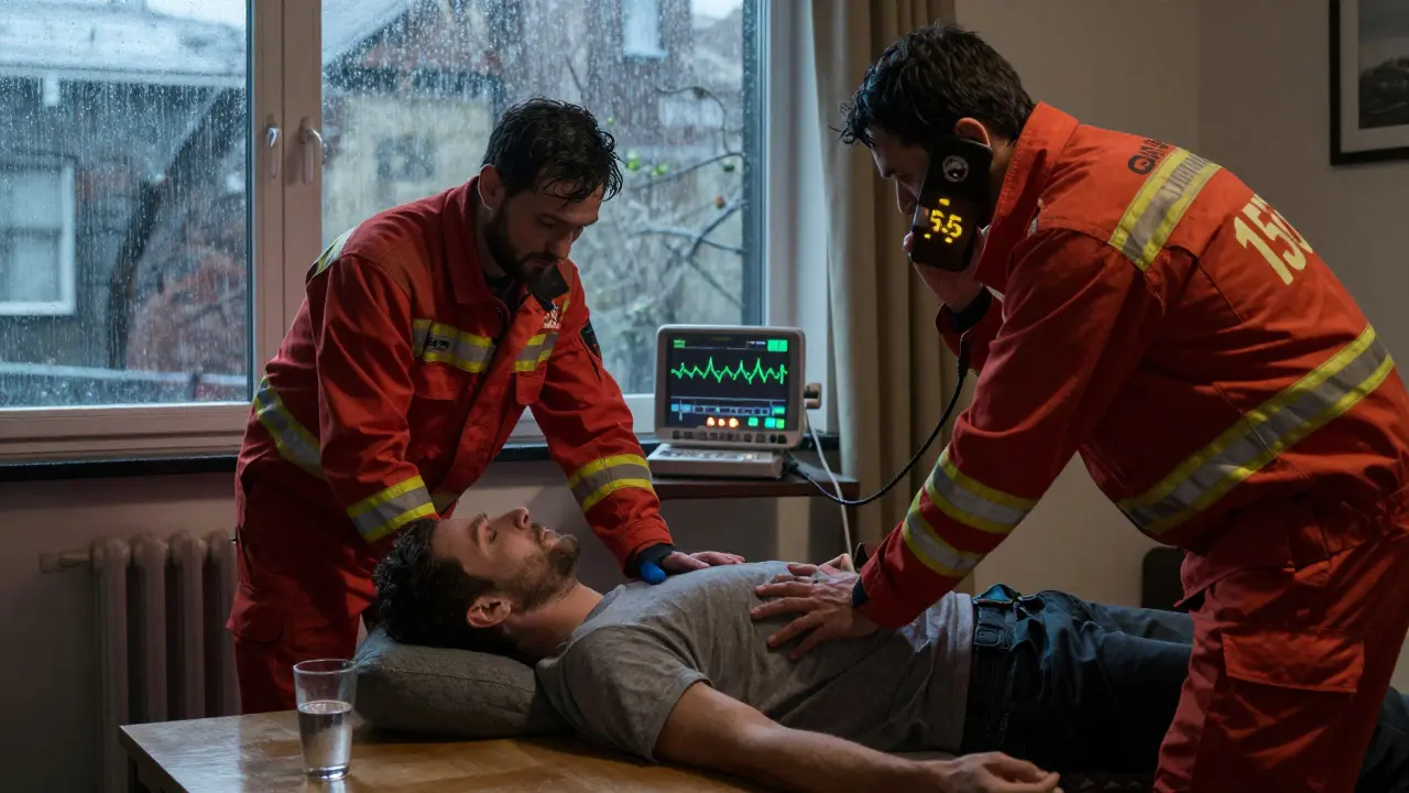 Záchranná tým převrací nevědomého muže na bok, jeden z nich sleduje monitor s nepravidelným dechem, druhý volá na záchranu.