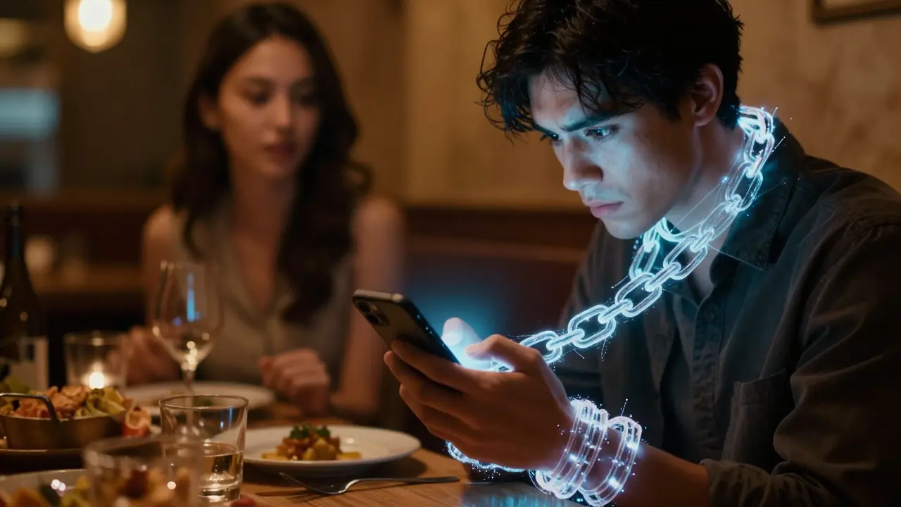Člověk na romantické večeři poutaný digitálními řetězy z mobilního telefonu.