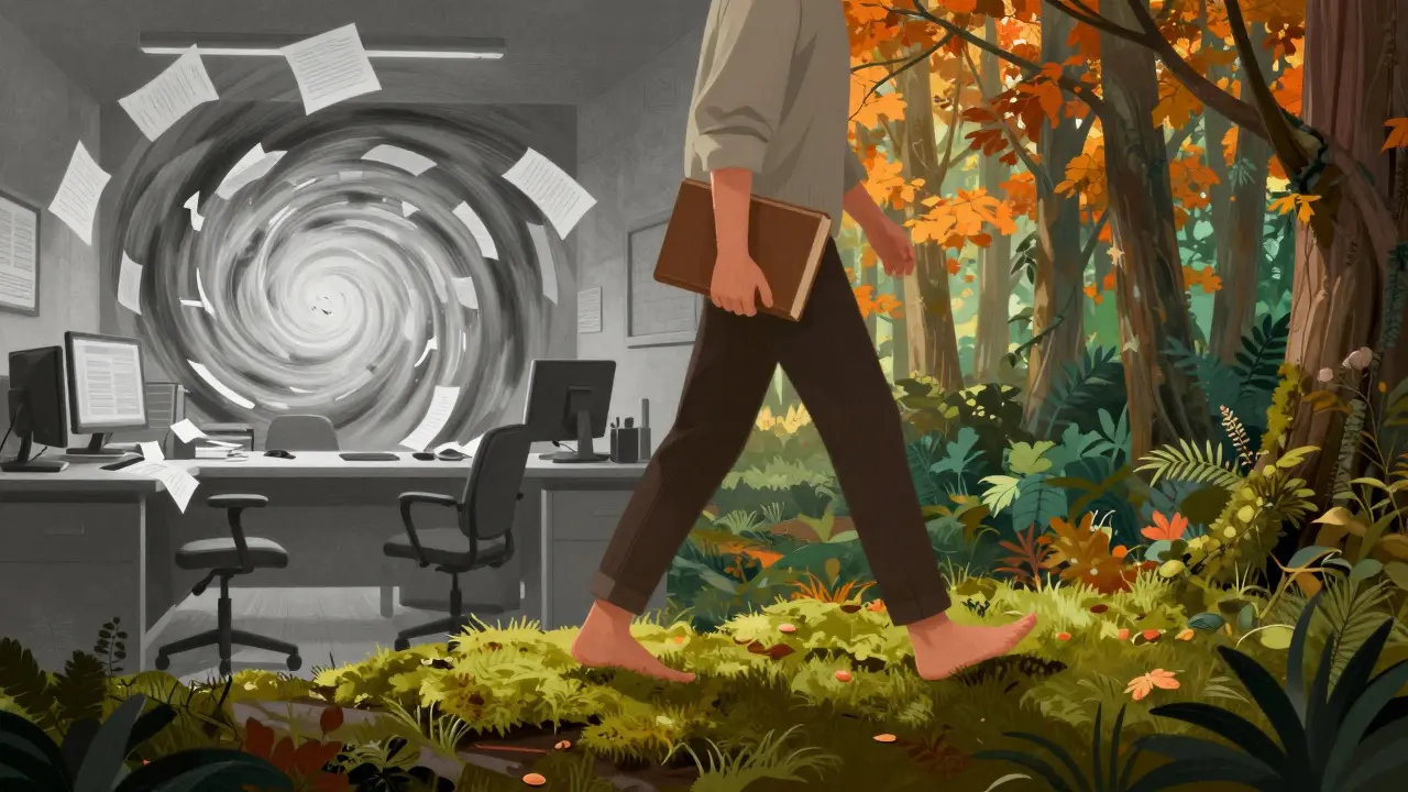 Člověk přecházející z šedého pracovního chaosu do barevného, klidného lánu přírody.
