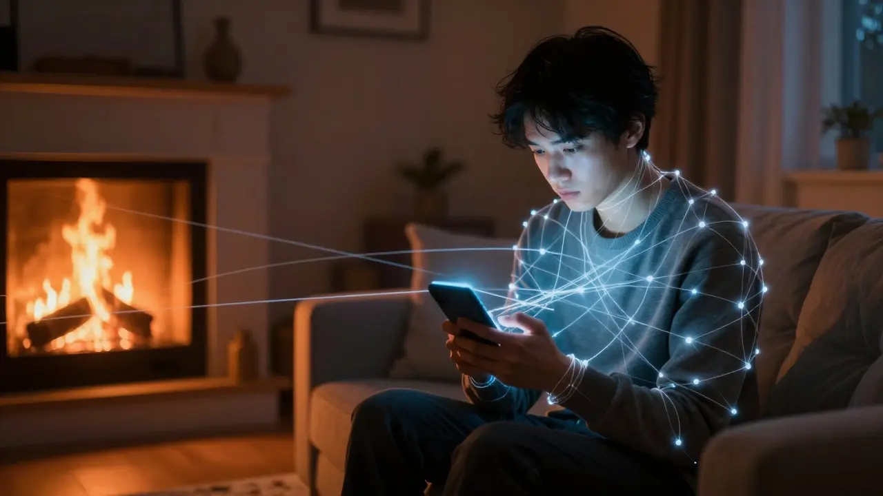 Člověk v obývacím pokoji spojený se smartphonem světelnými vlákny.