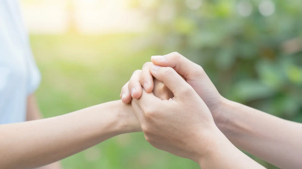 Detail dvou držících se rukou jako symbol podpory a cesty k uzdravení.