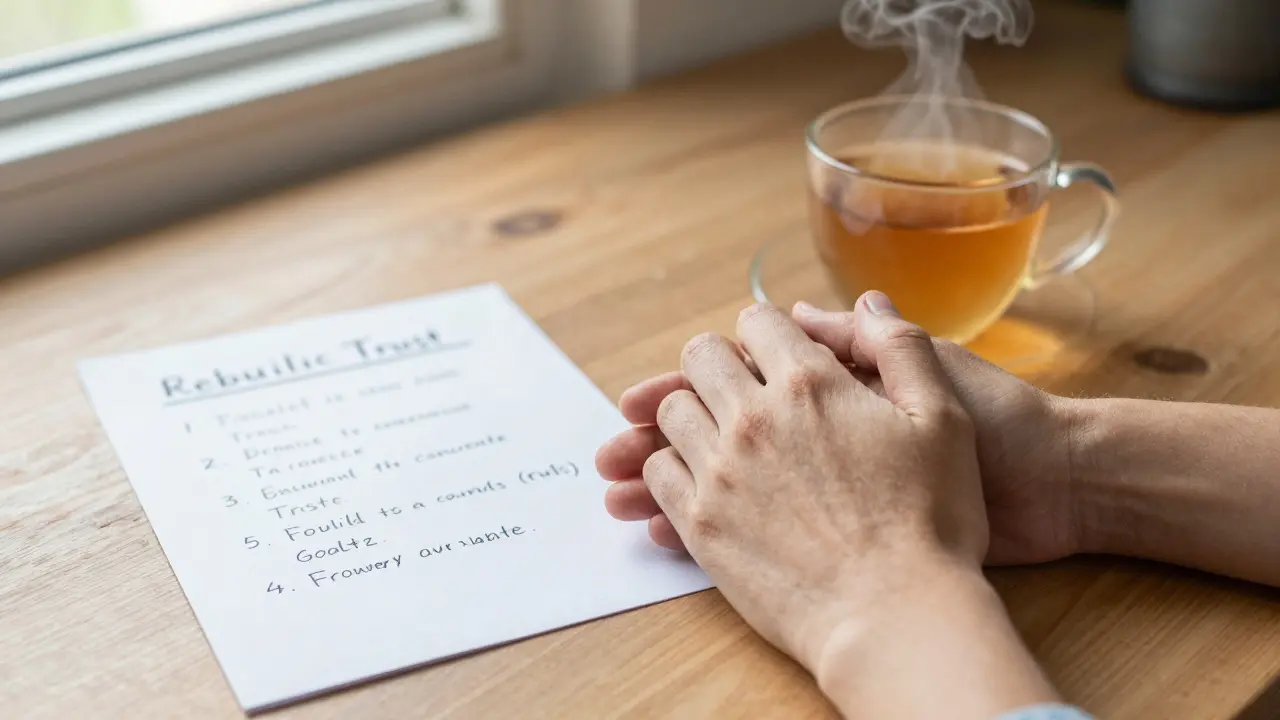 Detail dvou osob držících se za ruce u stolu, symbolizující obnovu důvěry a společnou cestu.