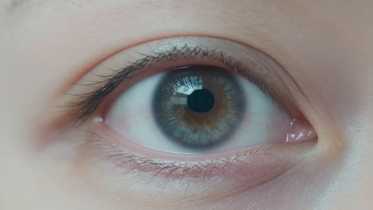 Detail velmi zúžené zornice typu švíčková s těžkými víčky.