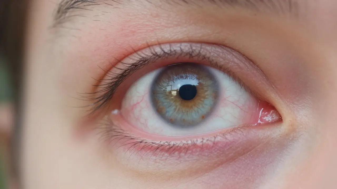 Detail zarudnělého oka s viditelnými cévami v spojivce.