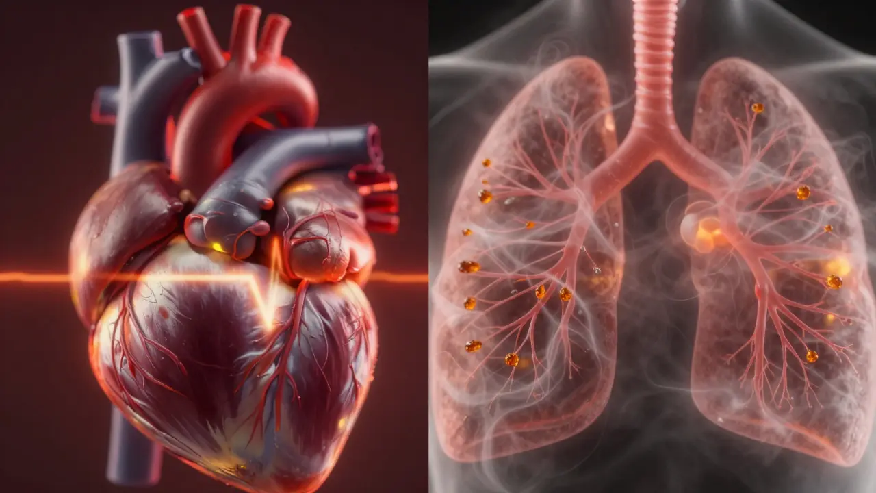 Detail zrychleného srdece a podrážděných plic po požití marihuany.