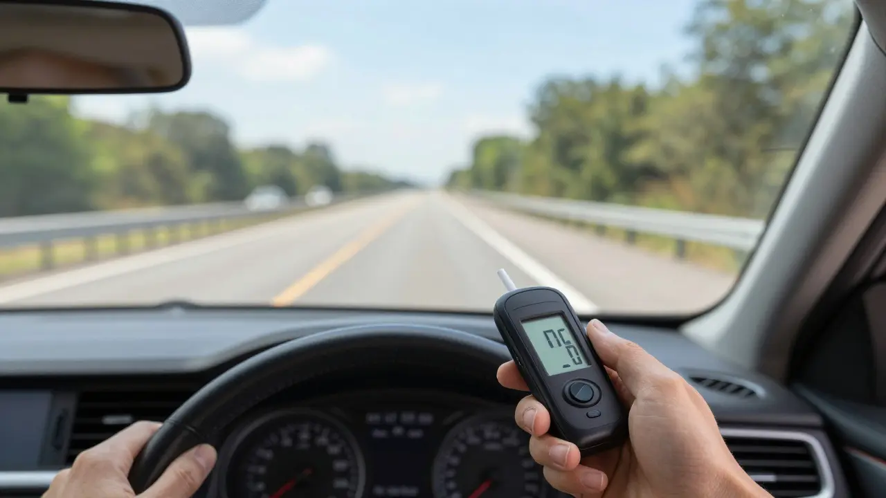 Digitální alkoholoměr v rukou řidiče v autě sunny nedělního rána.