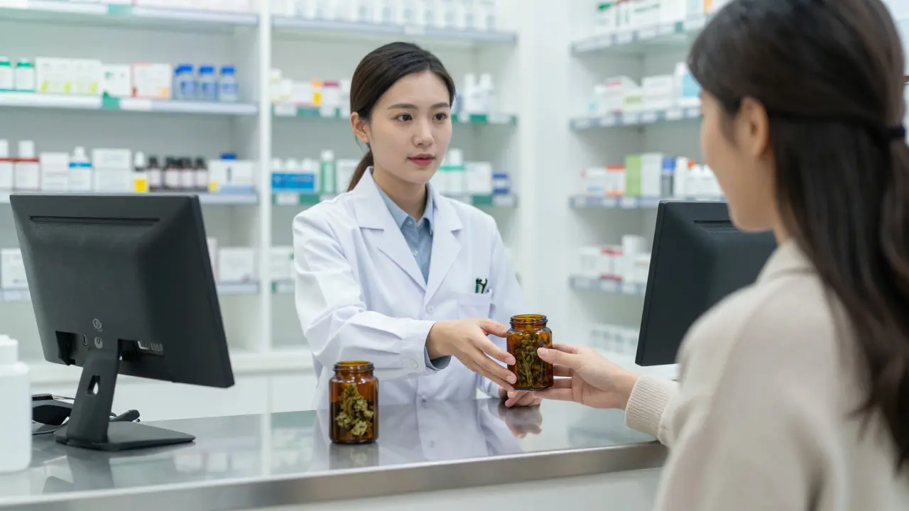 Farmaceut předává léky s konopím v čistém prostředí