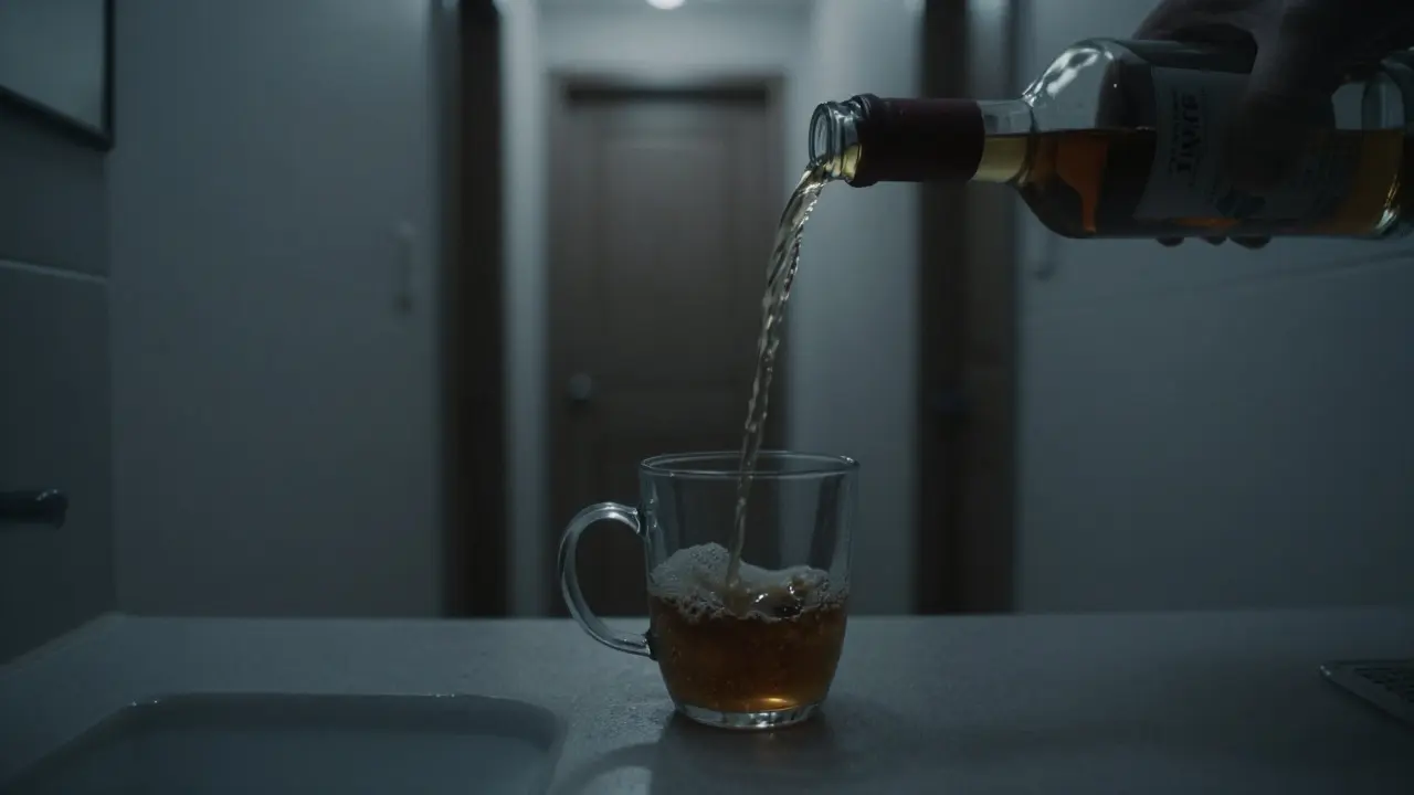 Káva v hrnku, do kterého je tajně naléván alkohol v šeru domácnosti.