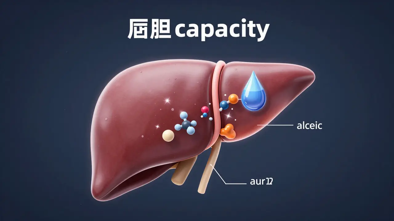 Koncepční 3D ilustrace jater při procesu odbourávání alkoholu.
