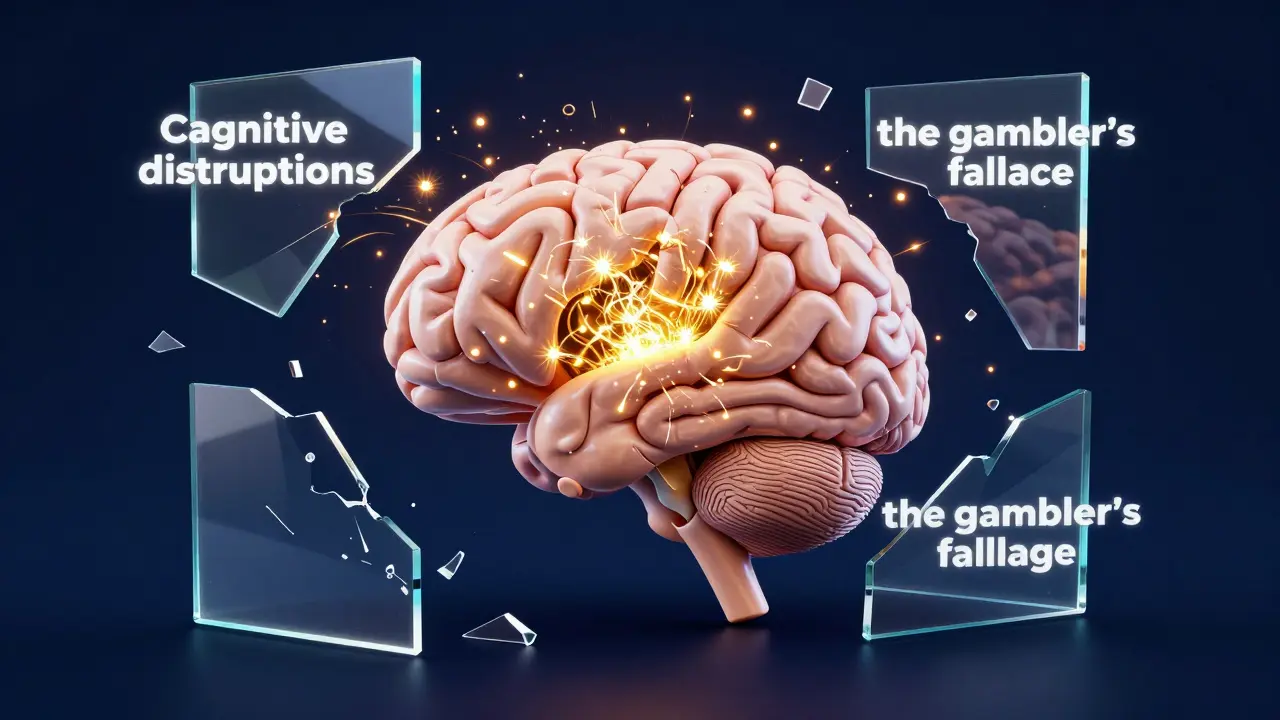 Konceptuální zobrazení mozku s dopaminovými záblesky a praskajícími klamy v myšlení.