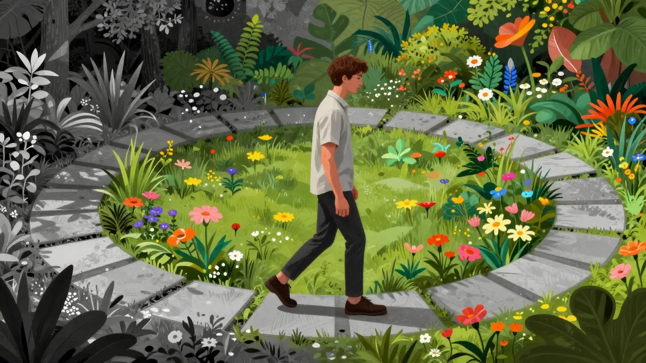 Kresba člověka přejítkého z šedého kruhu do barevné a zelené zahrady.