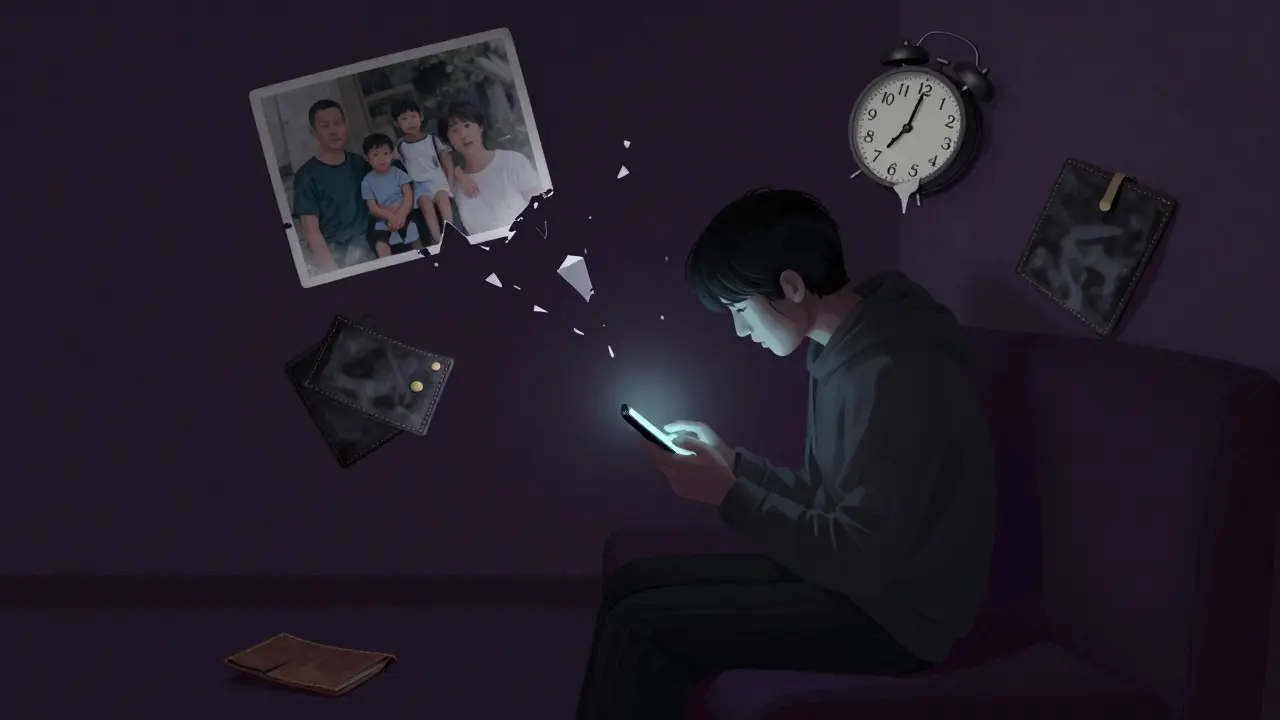 Kresba znázornující izolaci a rozpad osobního života v důsledku závislosti.