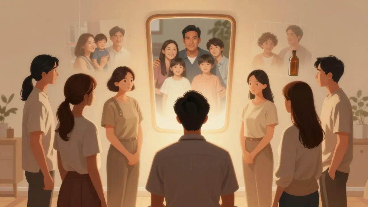 Rodina v kruhu poskytuje podporu závislému člověku během strukturované intervence.