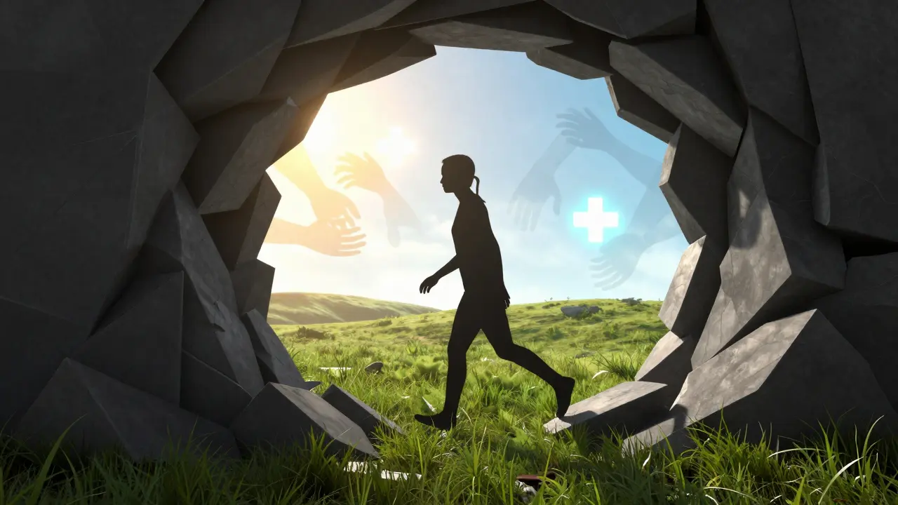 Silueta člověka vystupující z temného tunelu do jasného, barevného krajiny uzdravení.