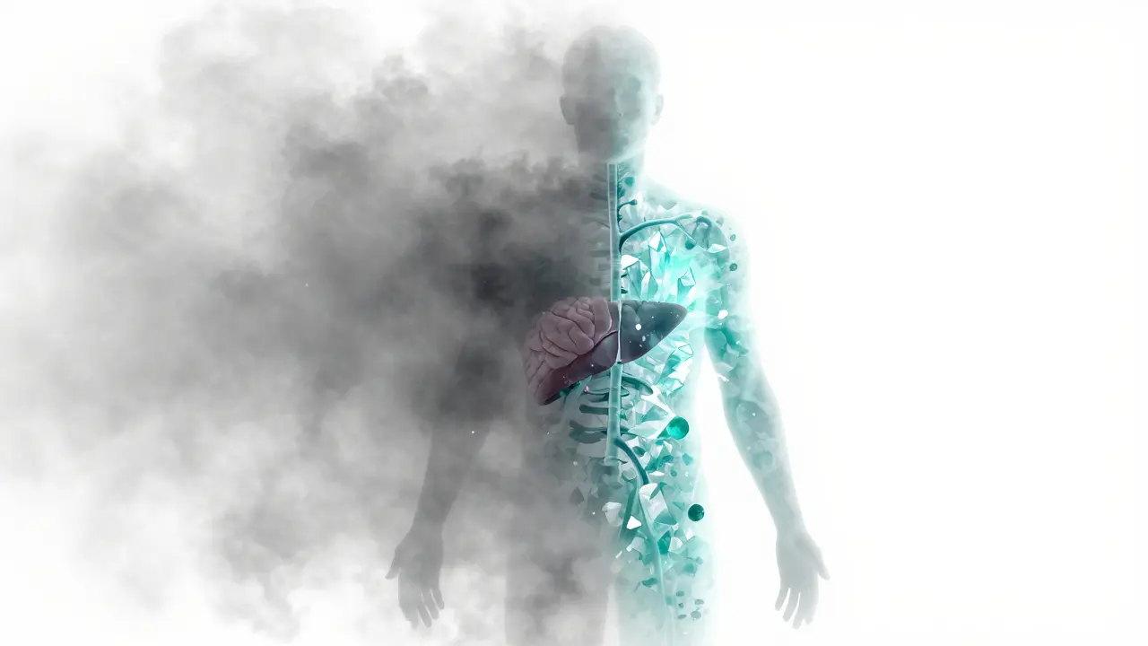 Silueta člověka znázornující přechod od amotivace k detoxikaci a regeneraci organismu.