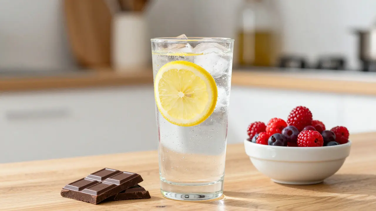 Sklenice perlivé vody s citronem, čerstvé bobule a čokoláda na světlém stole.