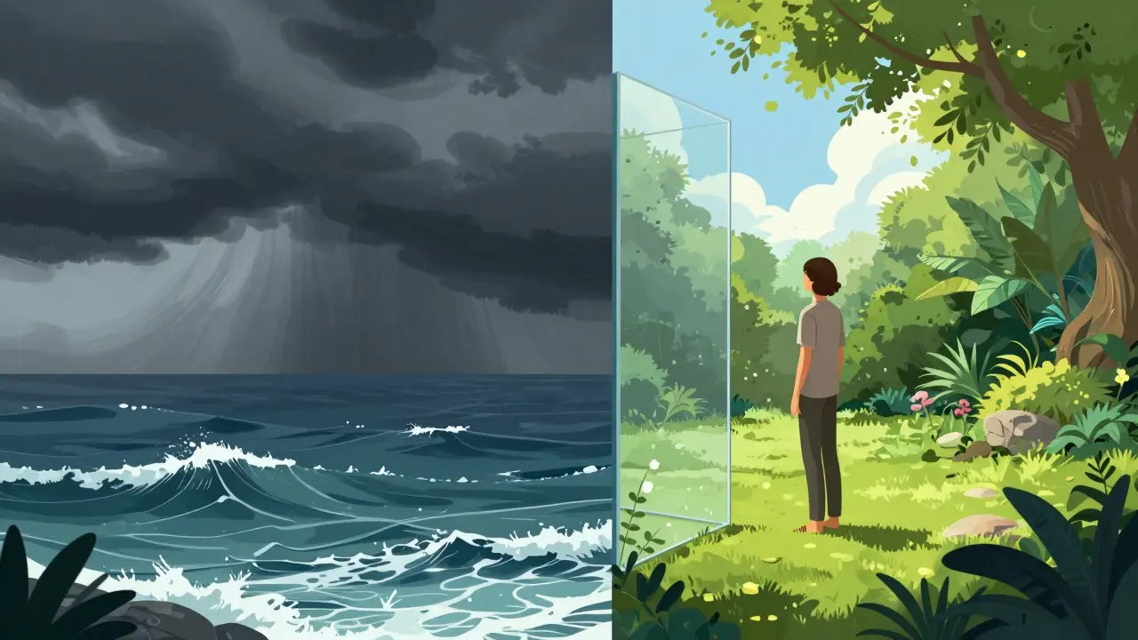 Symbolické znázornění osobních hranic jako skleněná stěna oddělující klid od chaosu.