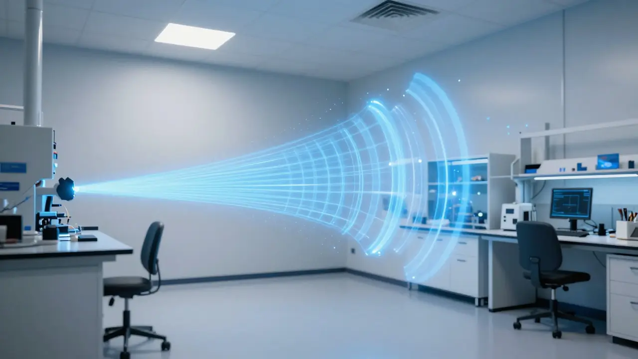 Vizualizace bezdrátového signálu odrážejícího se od stěn v interiéru.