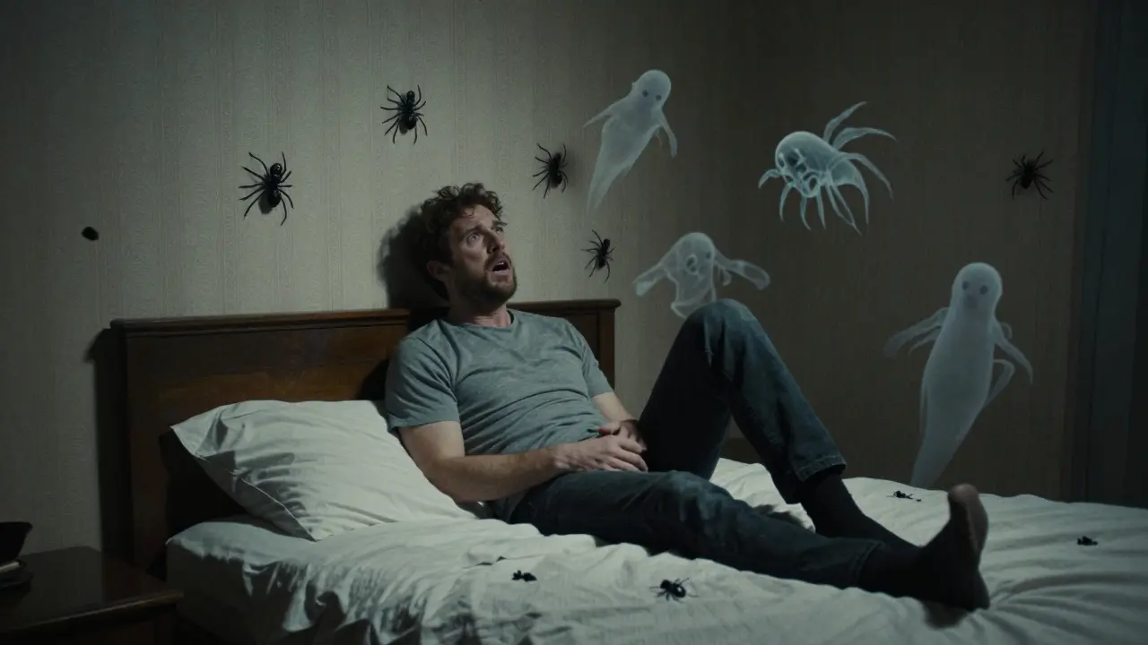Zmatený muž v pokoji s halucinacemi hmyzu plazení po stěnách během delirium tremens.